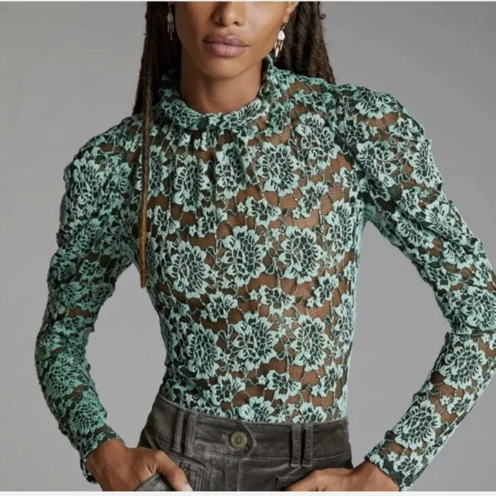 NWOT S Anthropologie Dolan Left Coast Sheer Mock Neck Lace Top Multi Green - Picture 2 of 7
